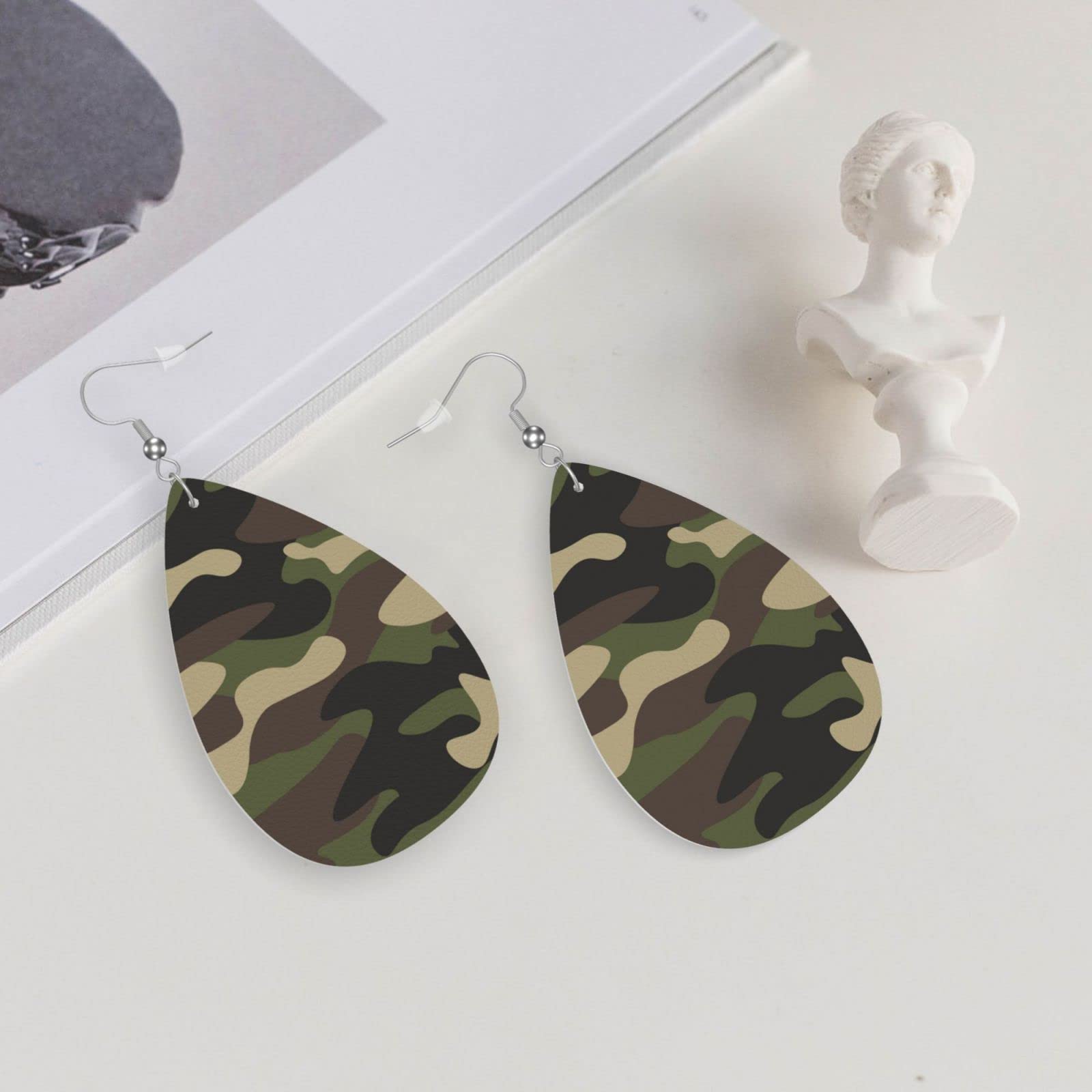 Camo Faux Leather Earrings For Women Dangle Lightweight Green Brown Camouflage Teardrop Earrings