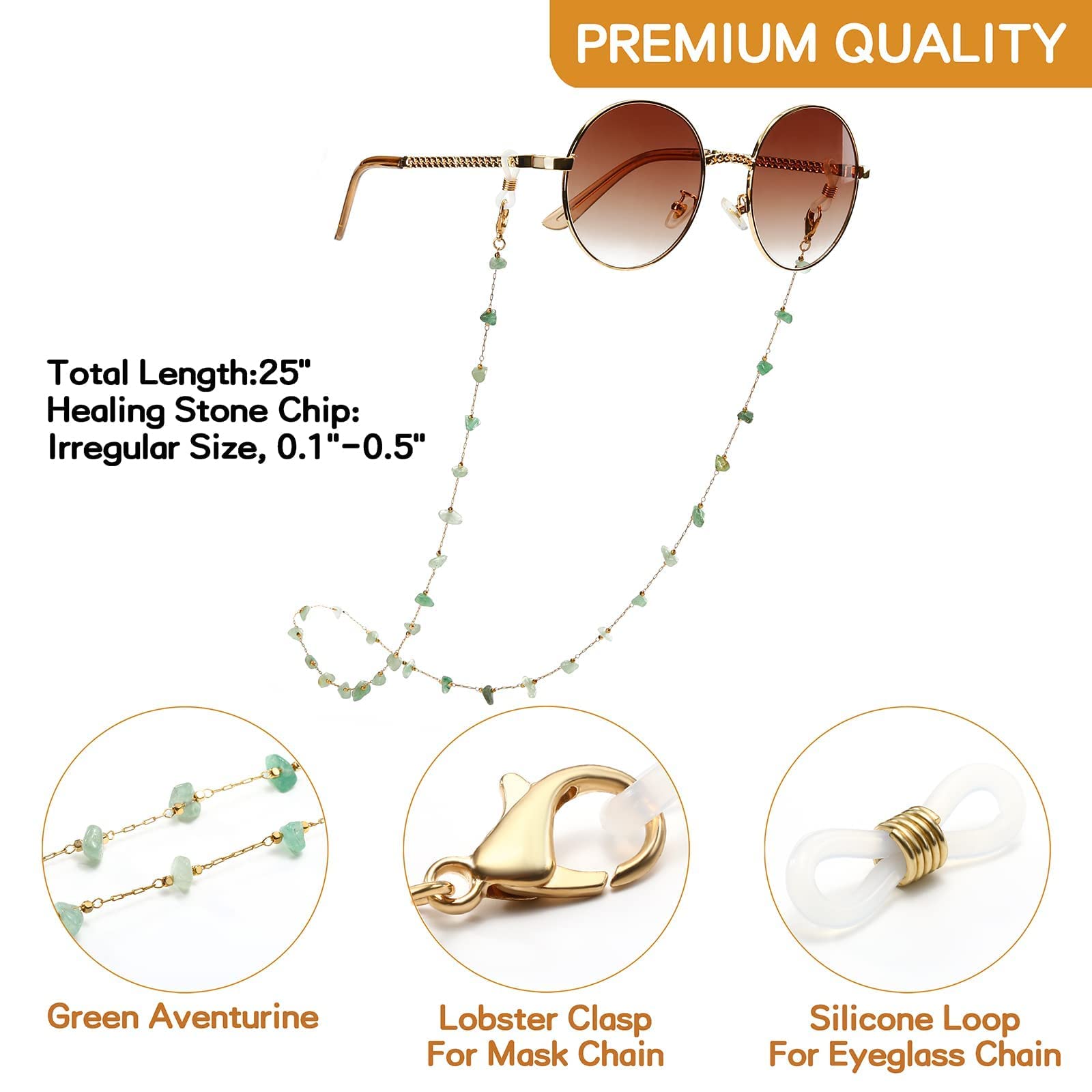 humlbird Eyeglass Chain for Women Stylish Mask Lanyard Natural Crystal Mask Chain Eye Glasses Holder Strap, Green Aventurine