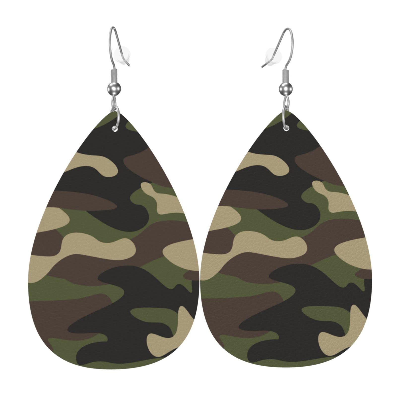 Camo Faux Leather Earrings For Women Dangle Lightweight Green Brown Camouflage Teardrop Earrings