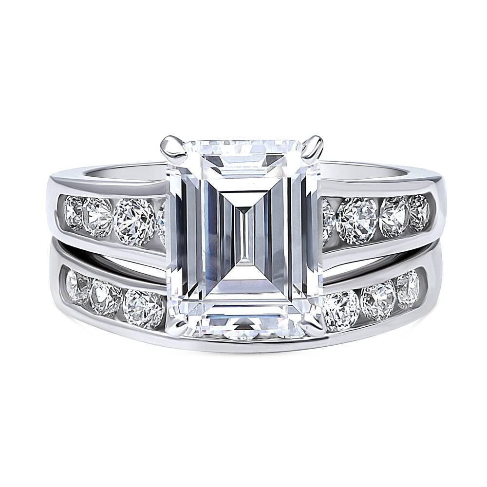 BERRICLE Sterling Silver Solitaire Wedding Engagement Rings 3.8 Carat Emerald Cut Cubic Zirconia CZ Statement Ring Set for Women, Rhodium Plated Size 6