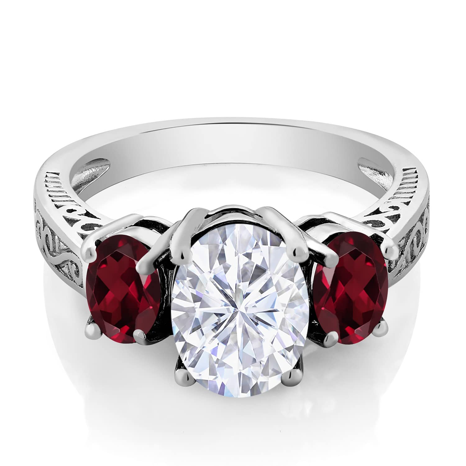 Gem Stone King 925 Sterling Silver Red Rhodolite Garnet and White Moissanite 3 Stone Ring For Women (3.10 Cttw, Gemstone Birthstone, Available In Size 5, 6, 7, 8, 9)