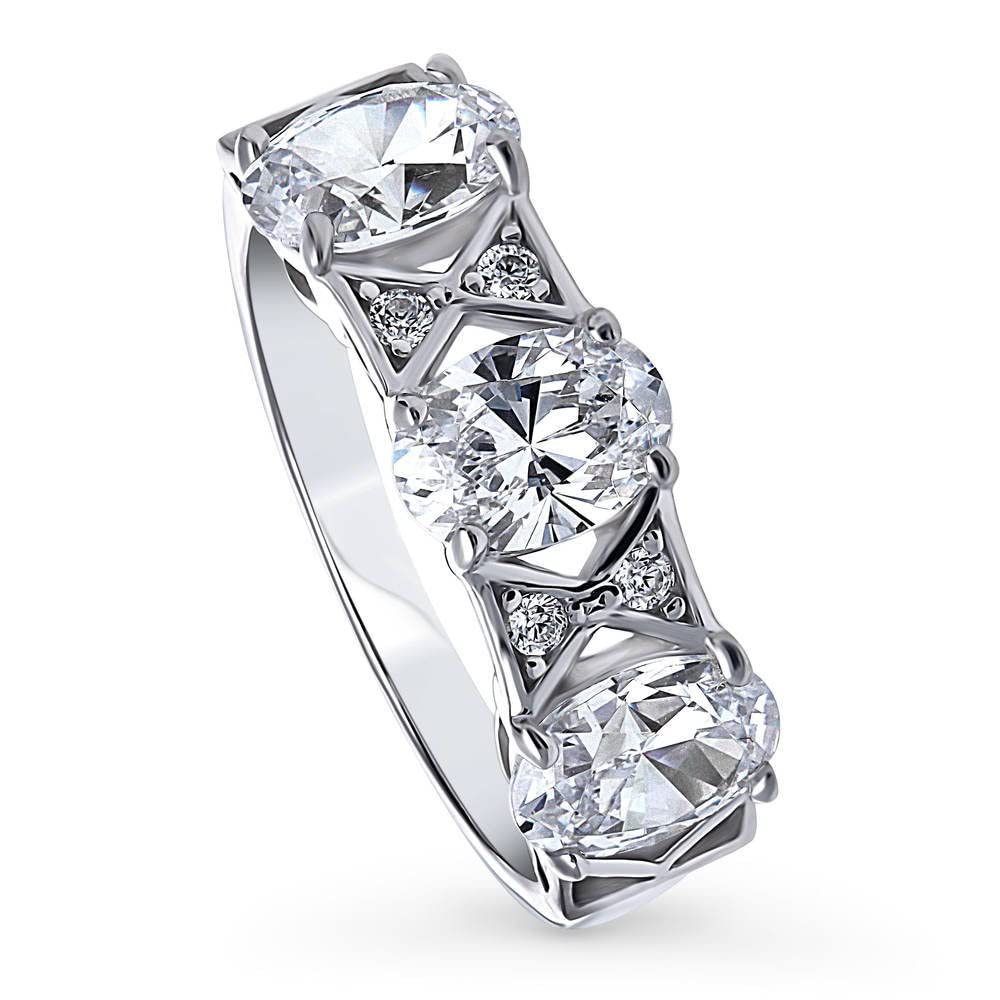 BERRICLE Sterling Silver 3-Stone Oval Cut Cubic Zirconia CZ Statement Art Deco Fashion Ring for Women, Rhodium Plated Size 9.5