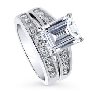 berricle sterling silver solitaire wedding engagement rings 3.8 carat emerald cut cubic zirconia cz statement ring set for women, rhodium plated size 6