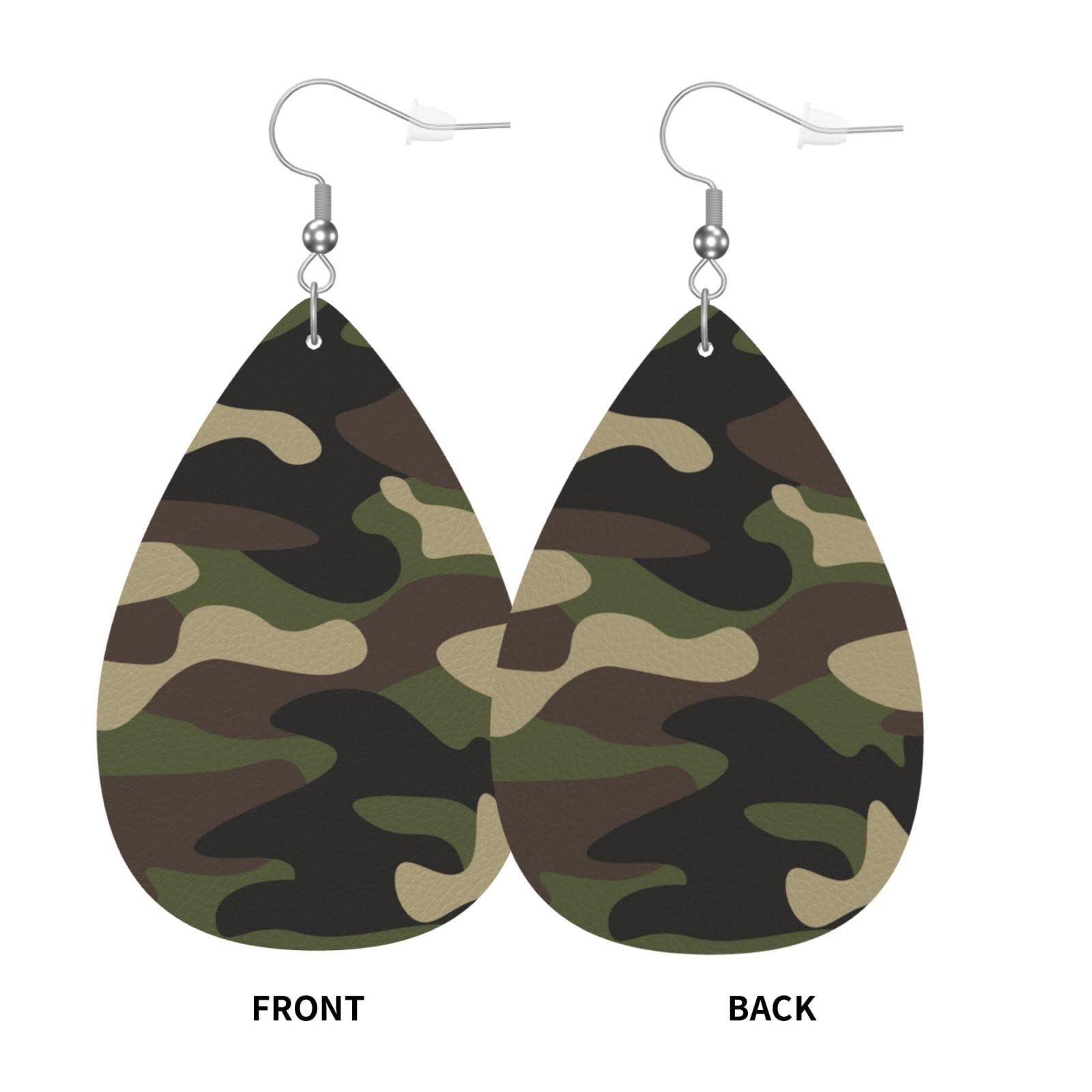 Camo Faux Leather Earrings For Women Dangle Lightweight Green Brown Camouflage Teardrop Earrings