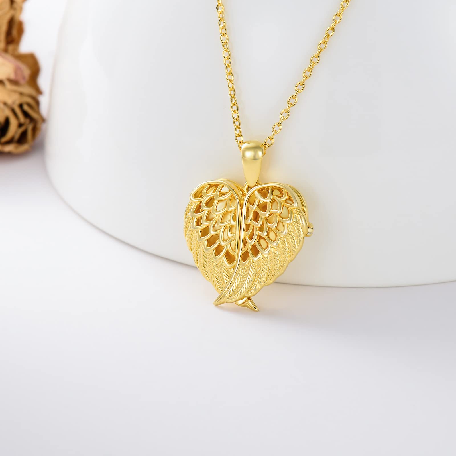 SOULMEET 10k 14k 18k Solid Yellow Gold Angel Wings Heart Shape Locket Necklace That Holds 2 Pictures Personalized Letters Engraved Custom Image Locket (Custom Photo & Text)