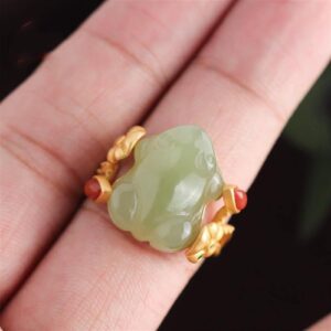 CAOMIAN Designer Original New Natural Hetian Jade Frog Gilt Lotus Leaf Opening Adjustable Ring Personality Trend Fashion Ladies Jewelry (Gem Color : Green, Ring Size : Resizable)