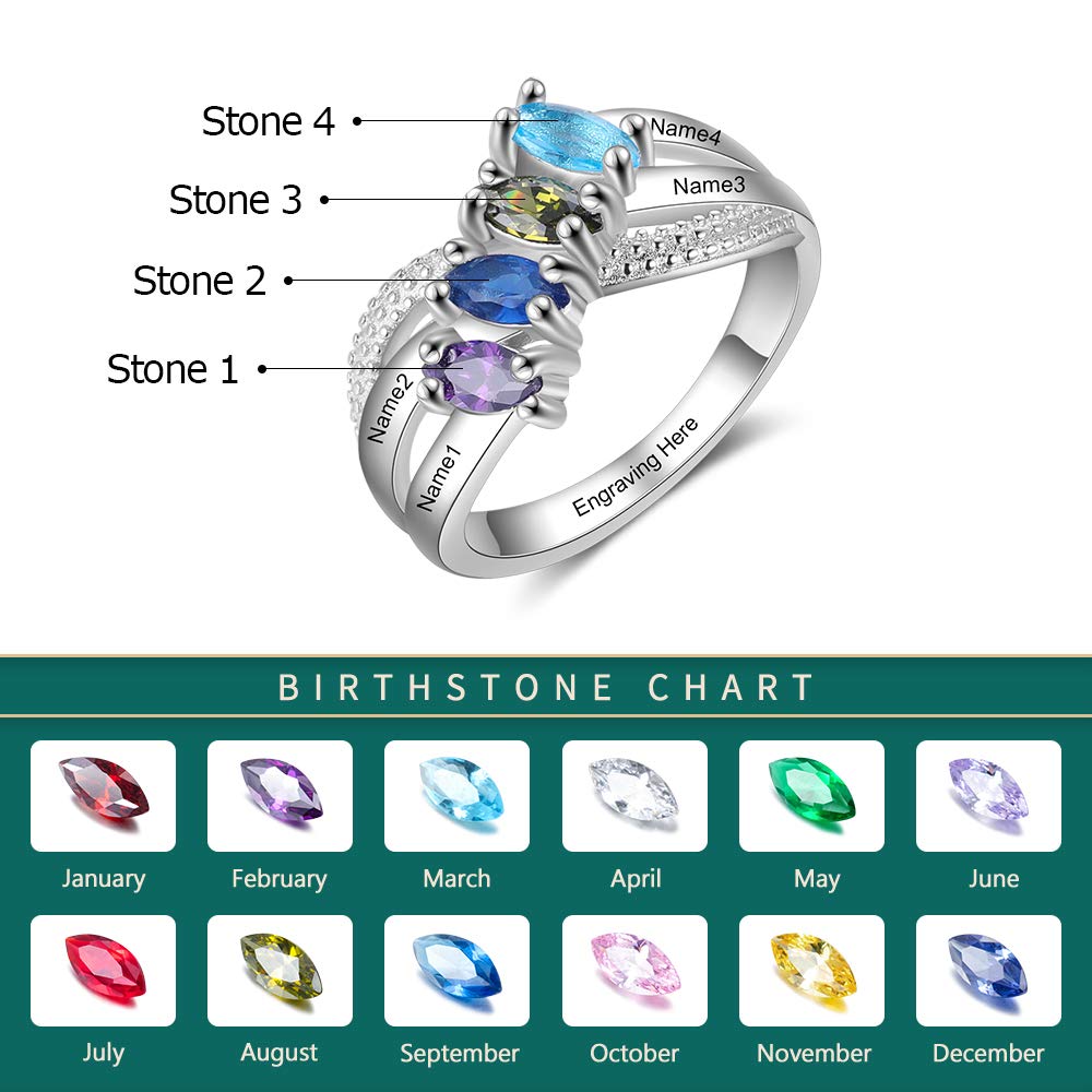 LoraPetid Personalized 4 Birthstone Mother Rings For Women Heart Engagement Name Rings Initial Rings with Simulated Birthstones Customized Best Friend Rings for Women (style 2, 7)