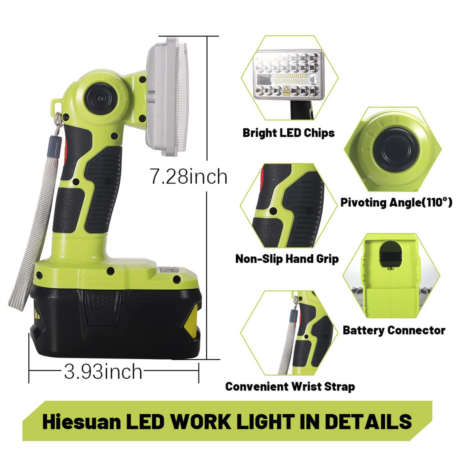 Hiesuan 18W 2000LM Cordless LED Work Light for Ryobi 18V ONE + Lithium-ion NiCd NiMh Batteries Portable Handheld Flashlight Outdoor Flood Light for Jobsite Lighting Camping Repairing