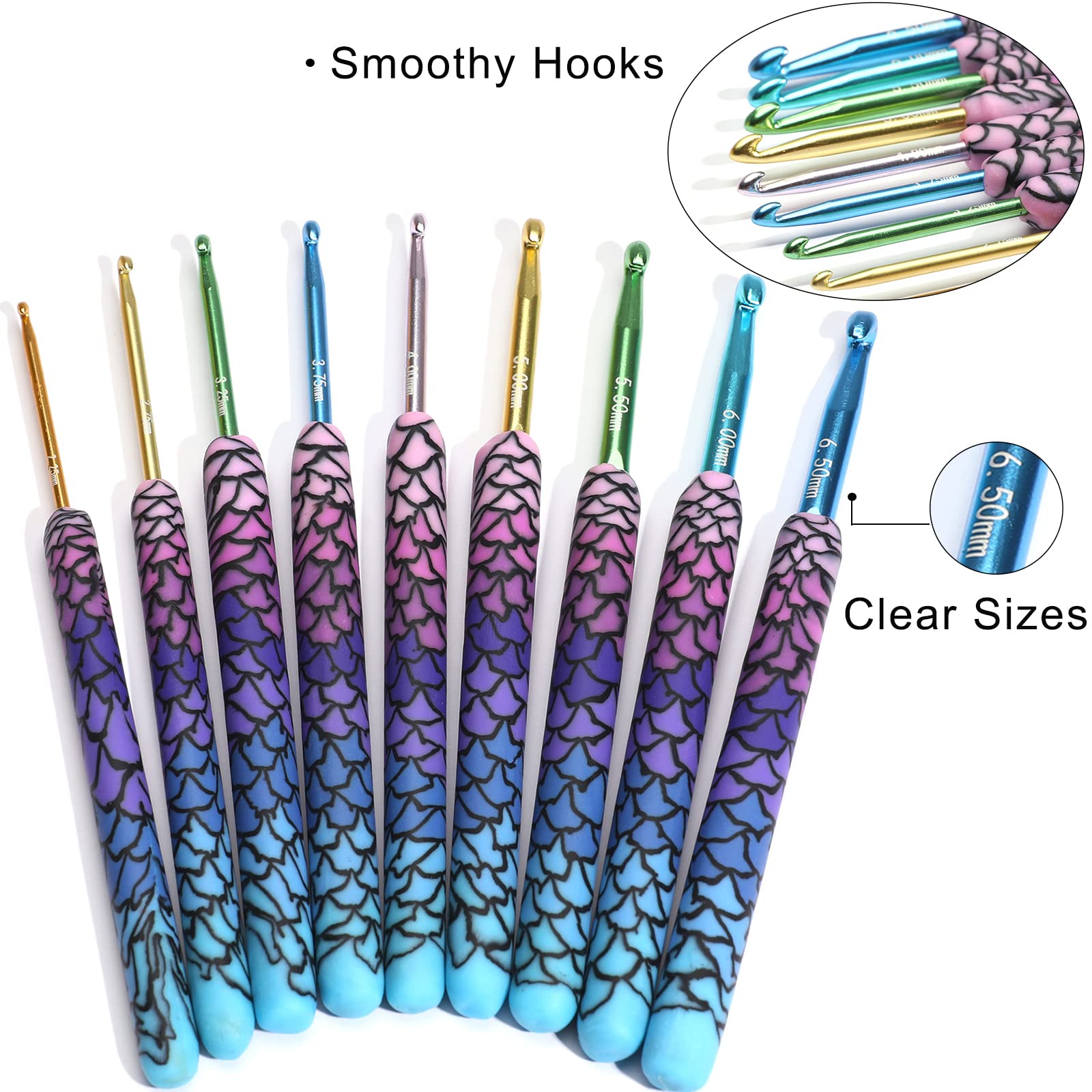 LOOEN 9pcs Magic Mermaid Crochet Hook Solft Warm Crochet Hook Kit Complete 2.0-6.0mm Aluminum Knitting Hook for Crochet Yarn Craft (Patent Pending) (Mermaid)