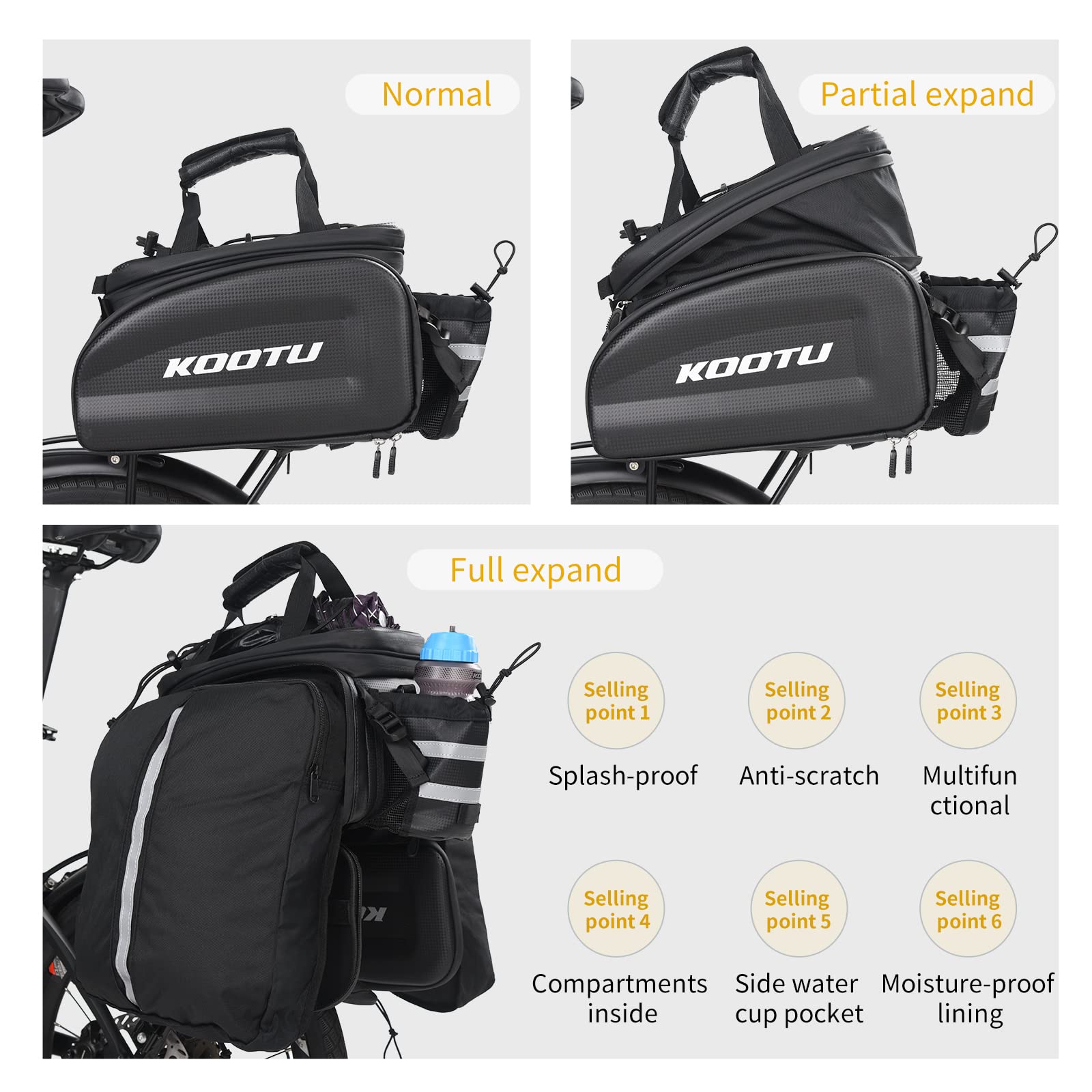 KOOTU Bike Rack Bag Trunk Waterproof Bicycle Bag with Hand Strap,Carbon Leather Extendable Bike Rear Rack Bag Bike Panniers for Cycling Commuting Camping Outdoor Traveling