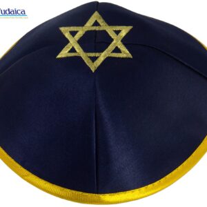 Pack of 5-Pcs Hq 20cm Satin/Velvet Kippah with Silver/Gold String+Star of David for Men & Boys, Yamaka Hat from Israel, Kippot Bulk (Blue Gold, Satin)