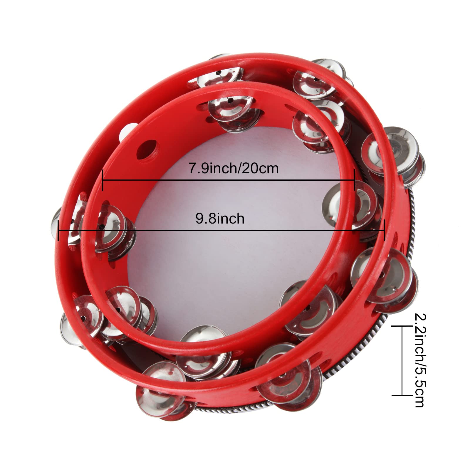 2 Pack Tambourine 8 & 10 Inch Tambourine Drum for Adults, Double Row Metal Jingle Bells Wood Handheld Tambourines Musical Percussion Instrument for Party, KTV, Church, Red