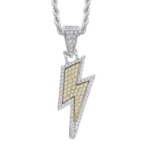 Jewenova Hip Hop Lighting Bolt Necklace, Gold And Silver CZ Iced Out Lighting Pendant, Rope Chain Jewelry For Wen Women Boyfriend Gifts with Box