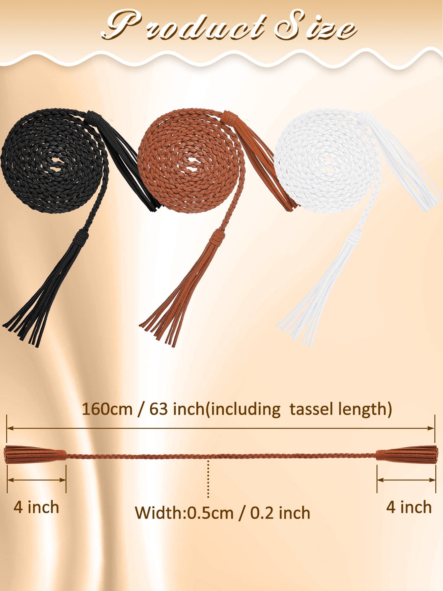 Geyoga 6 Pieces Women's Waist Belt Braided Woven Tassels Chain Belt PU Leather Rope Belt Skinny Tie Belt Boho Fringe Belt for Skirt Dress