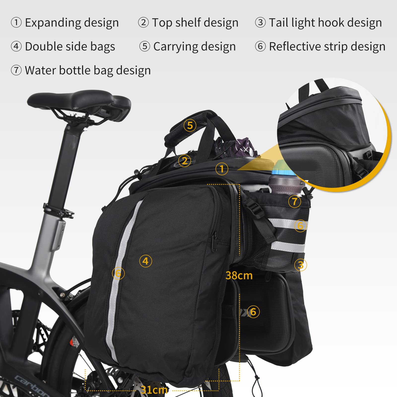 KOOTU Bike Rack Bag Trunk Waterproof Bicycle Bag with Hand Strap,Carbon Leather Extendable Bike Rear Rack Bag Bike Panniers for Cycling Commuting Camping Outdoor Traveling