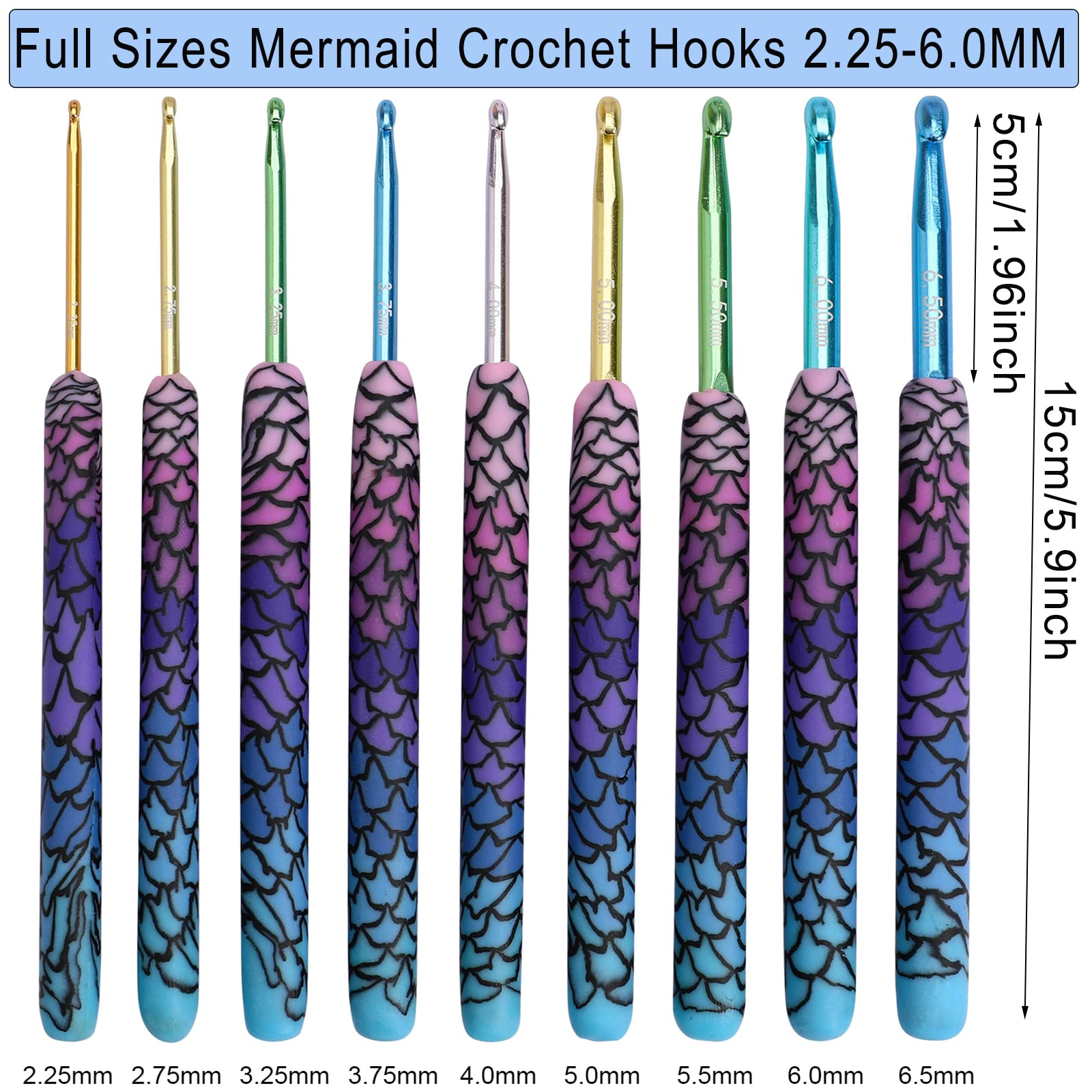 LOOEN 9pcs Magic Mermaid Crochet Hook Solft Warm Crochet Hook Kit Complete 2.0-6.0mm Aluminum Knitting Hook for Crochet Yarn Craft (Patent Pending) (Mermaid)