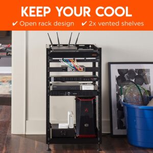 ECHOGEAR 20U Open Frame Rack & Caster Kit - Heavy Duty 4 Post Design Includes 2 Vented Shelves - Add Wheels to Your Serve Rack in Minutes