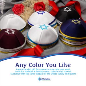 Pack of 5-Pcs Hq 20cm Satin/Velvet Kippah with Silver/Gold String+Star of David for Men & Boys, Yamaka Hat from Israel, Kippot Bulk (Blue Gold, Satin)