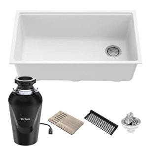 KRAUS Bellucci Workstation 32 in. Undermount Granite Composite Single Bowl Kitchen Sink in White with Accessories with WasteGuard™ Continuous Feed Garbage Disposal, KGUW1-33WH-100-75MB