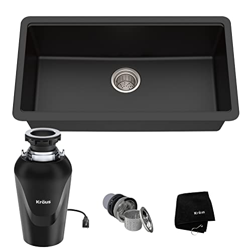 KRAUS 31 Inch Undermount Single Bowl Black Onyx Granite Kitchen Sink with WasteGuard™ Continuous Feed Garbage Disposal, KGU-413B-100-75MB