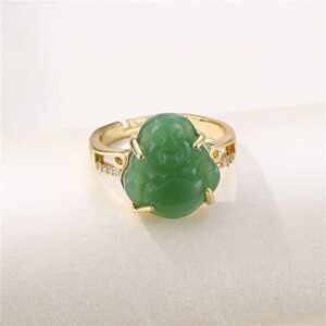 COLORFUL BLING 18k Gold Plated Laughing Buddha Ring Green Jade Cubic Zirconia Gemstone Open Cuff Adjustable Lucky Amulet Jewelry for Women Men-Green Ring