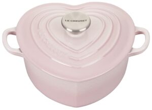 le creuset signature enameled cast iron figural heart cocotte, 2 quart, shell pink with stainless steel knob