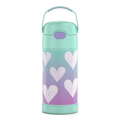 THERMOS FUNTAINER Water Bottle with Straw - 12 Ounce, Purple Hearts - Kids Stainless Steel Vacuum Insulated Water Bottle with Lid