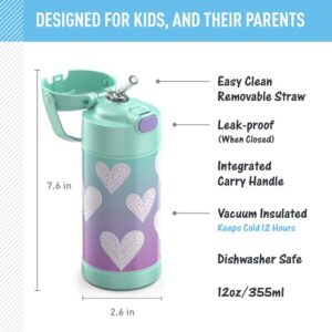 THERMOS FUNTAINER Water Bottle with Straw - 12 Ounce, Purple Hearts - Kids Stainless Steel Vacuum Insulated Water Bottle with Lid