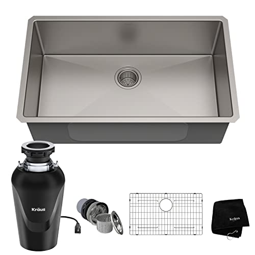 KRAUS Standart PRO™ 32-inch 16 Gauge Undermount Single Bowl Stainless Steel Kitchen Sink with WasteGuard™ Continuous Feed Garbage Disposal, KHU100-32-100-75MB