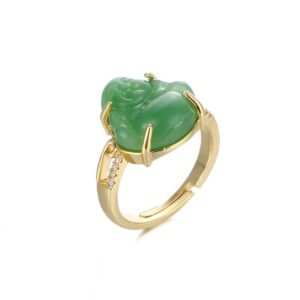 colorful bling 18k gold plated laughing buddha ring green jade cubic zirconia gemstone open cuff adjustable lucky amulet jewelry for women men-green ring