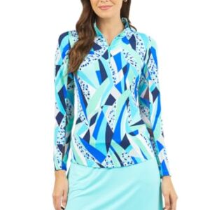 IBKUL Athleisure Wear UPF 50+ Brianna Print Long Sleeve Mock Neck Top – 10080 Blue Brianna M