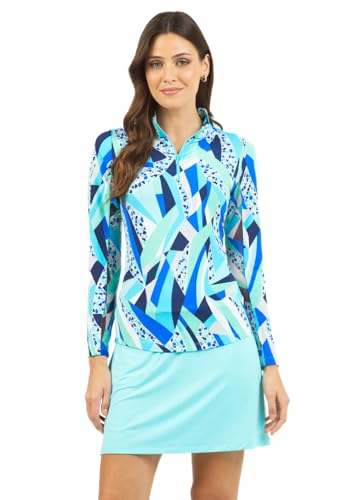 IBKUL Athleisure Wear UPF 50+ Brianna Print Long Sleeve Mock Neck Top – 10080 Blue Brianna M