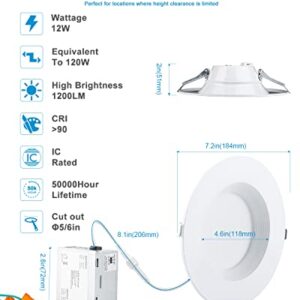 Lightdot 12 Pack 6 Inch LED Recessed with Night Light 1200LM 12W 120V Dimmable LED Downlight Lighting, 3000K/4000K/5000K Selectable Soft Sleep-Helpness LED Canless Lights - IC Rated