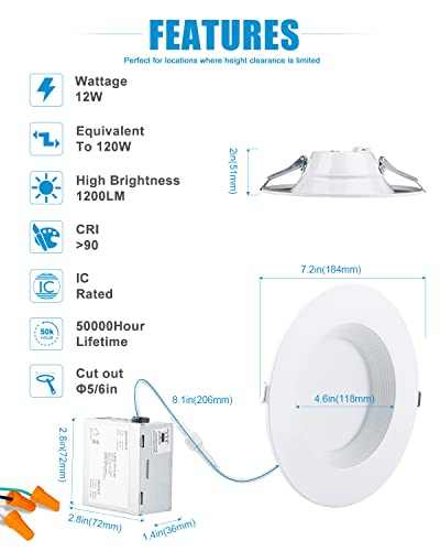 Lightdot 12 Pack 6 Inch LED Recessed with Night Light 1200LM 12W 120V Dimmable LED Downlight Lighting, 3000K/4000K/5000K Selectable Soft Sleep-Helpness LED Canless Lights - IC Rated