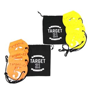 3dworxs target-21 magnetic hockey shooting targets, numbered 9/7/5, fun skills game, durable material, attached tethers, draw-string pouch, orange, yellow, competition, team bundles