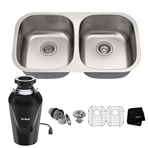 KRAUS Premier 32-inch 16 Gauge Undermount 50/50 Double Bowl Stainless Steel Kitchen Sink with WasteGuard™ Continuous Feed Garbage Disposal, KBU22-100-75MB