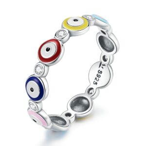 shysnow silver evil eye nazar open ring multicolor eyes ojos stackable ring with enamel cz, size 8