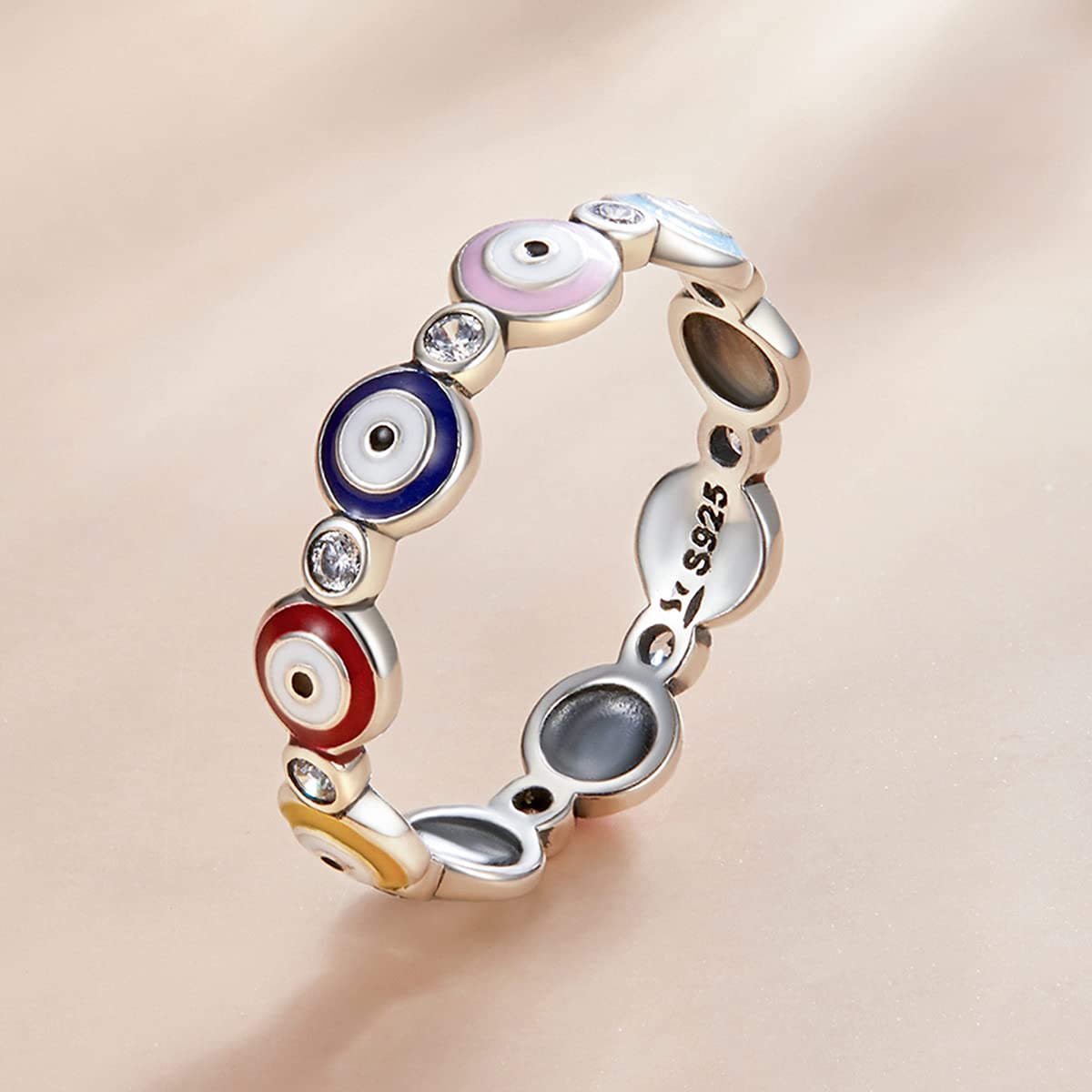 Shysnow Silver Evil Eye Nazar Open Ring Multicolor Eyes Ojos Stackable Ring with Enamel CZ, Size 8