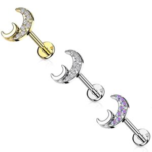 Pierced Owl 16GA Stainless Steel Crystal Paved Crescent Moon Internally Threaded Stud (Silver Tone/Aurora Borealis)