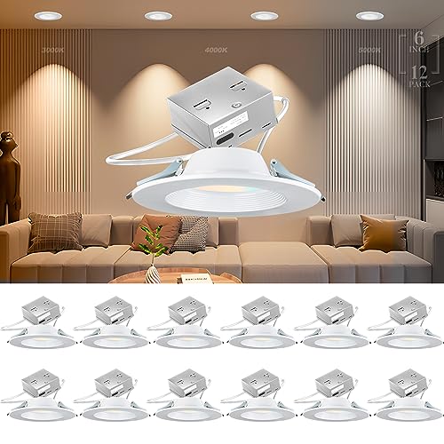 Lightdot 12 Pack 6 Inch LED Recessed with Night Light 1200LM 12W 120V Dimmable LED Downlight Lighting, 3000K/4000K/5000K Selectable Soft Sleep-Helpness LED Canless Lights - IC Rated