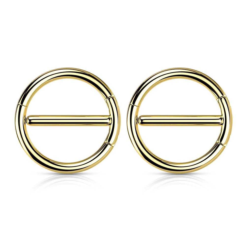 14GA Stainless Steel Dual Hinged Nipple Rings, Sold as a Pair (Gold Tone)