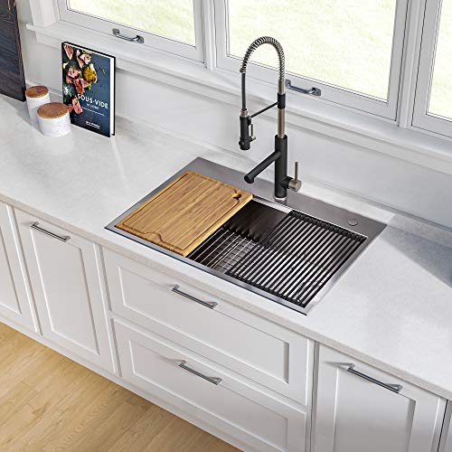 KRAUS Kore™ Workstation 30-inch Drop-In 16 Gauge Single Bowl Stainless Steel Kitchen Sink with Accessories (Pack of 5) with WasteGuard™ Continuous Feed Garbage Disposal, KWT310-30-100-75MB