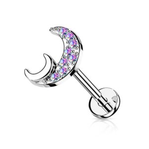 pierced owl 16ga stainless steel crystal paved crescent moon internally threaded stud (silver tone/aurora borealis)