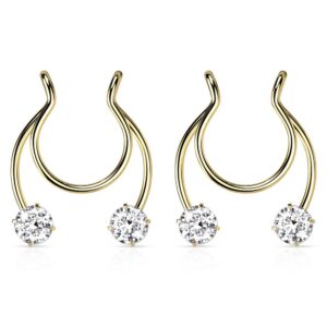 18ga stainless steel prong set cz crystal horseshoe clip on non-pierce fake septum nipple rings, sold as a pair (gold tone)