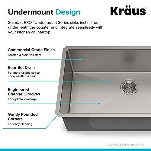 KRAUS Standart PRO™ 32-inch 16 Gauge Undermount Single Bowl Stainless Steel Kitchen Sink with WasteGuard™ Continuous Feed Garbage Disposal, KHU100-32-100-75MB