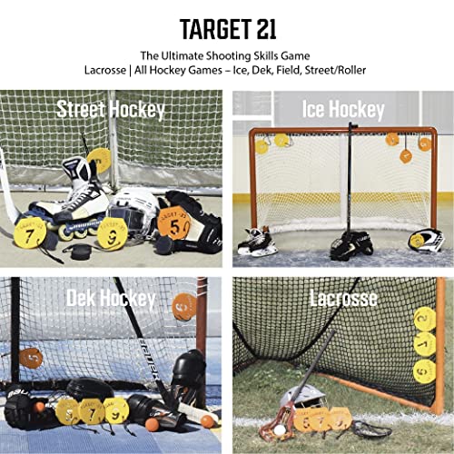 3DWorxs Target-21 Magnetic Hockey Shooting Targets, Numbered 9/7/5, Fun Skills Game, Durable Material, Attached Tethers, Draw-String Pouch, Orange, Yellow, Competition, Team Bundles