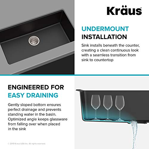 KRAUS 31 Inch Undermount Single Bowl Black Onyx Granite Kitchen Sink with WasteGuard™ Continuous Feed Garbage Disposal, KGU-413B-100-75MB