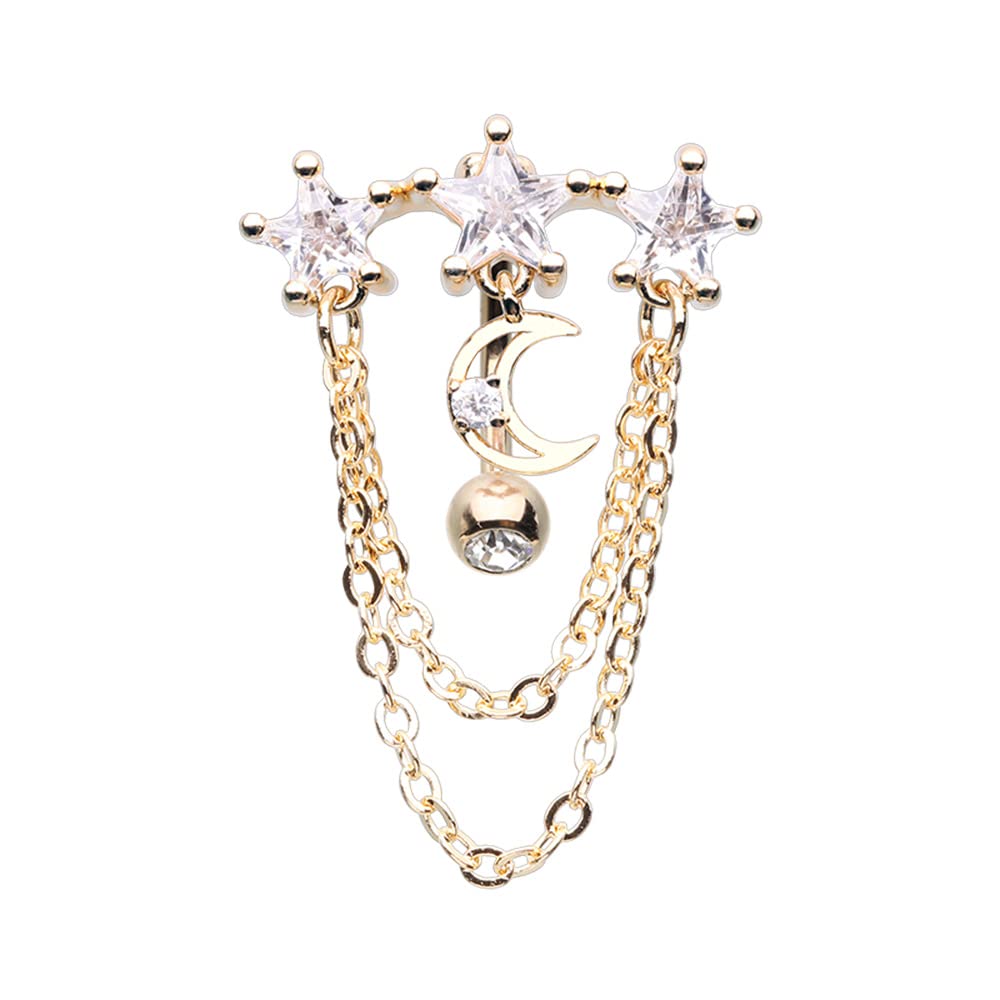 Pierced Owl 14GA Stainless Steel CZ Crystal Dangling Chains Celestial Top Drop Reverse Belly Button Ring (Gold Tone)