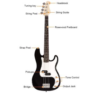 OLAKIDS Electric Bass Guitar Beginner Kit Full Size 4 String Exquisite Paulownia Burning Bass with Strap, Gig Bag, Amp Cord and Accessories (Black)