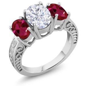 Gem Stone King 925 Sterling Silver Red Created Ruby and White Moissanite 3 Stone Women Ring (3.80 Cttw, Available In Size 5, 6, 7, 8, 9)